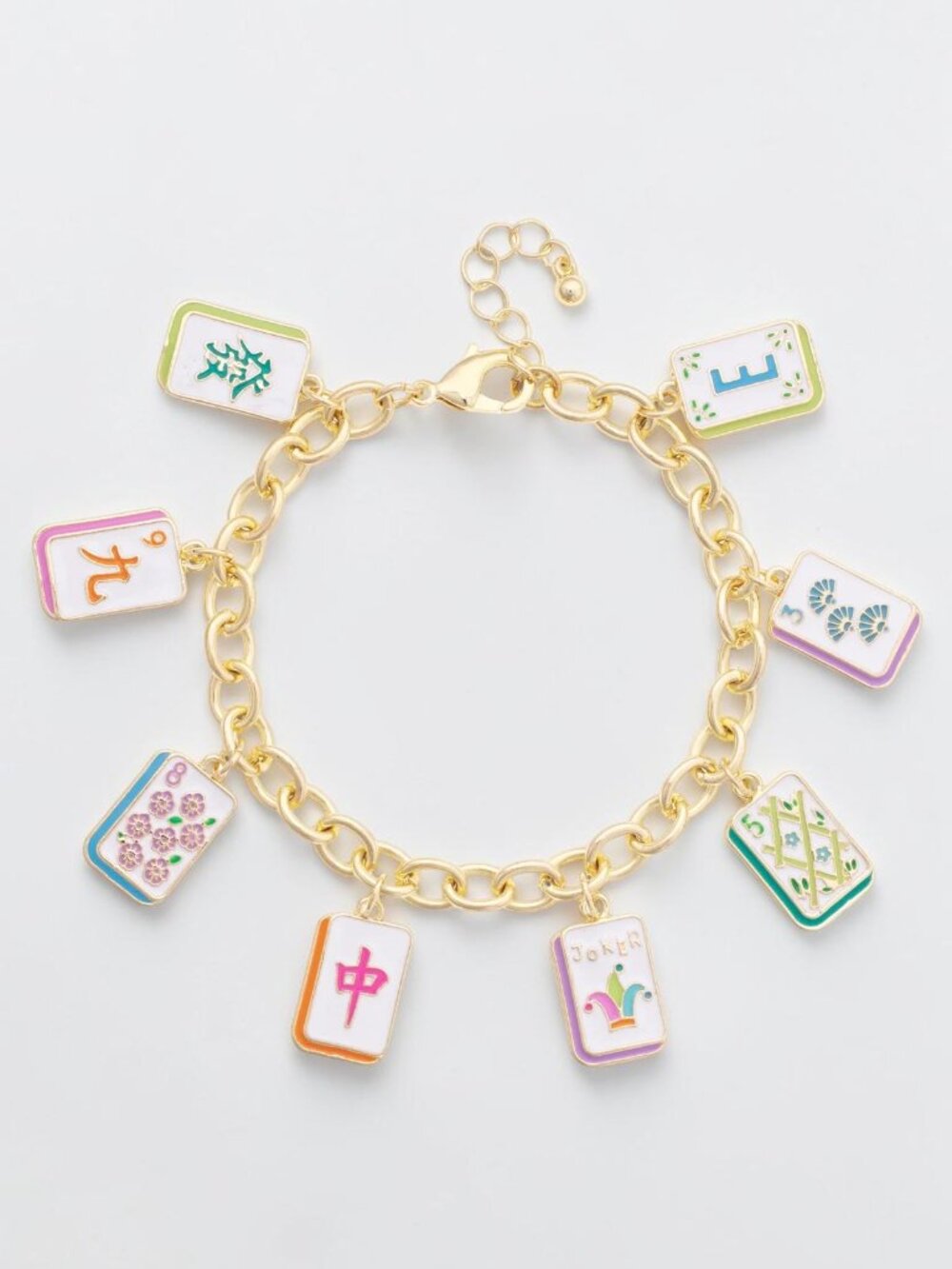 Mahjong Enamel Charm Bracelet Pastel Multi Gold Tone Adjustable NWT